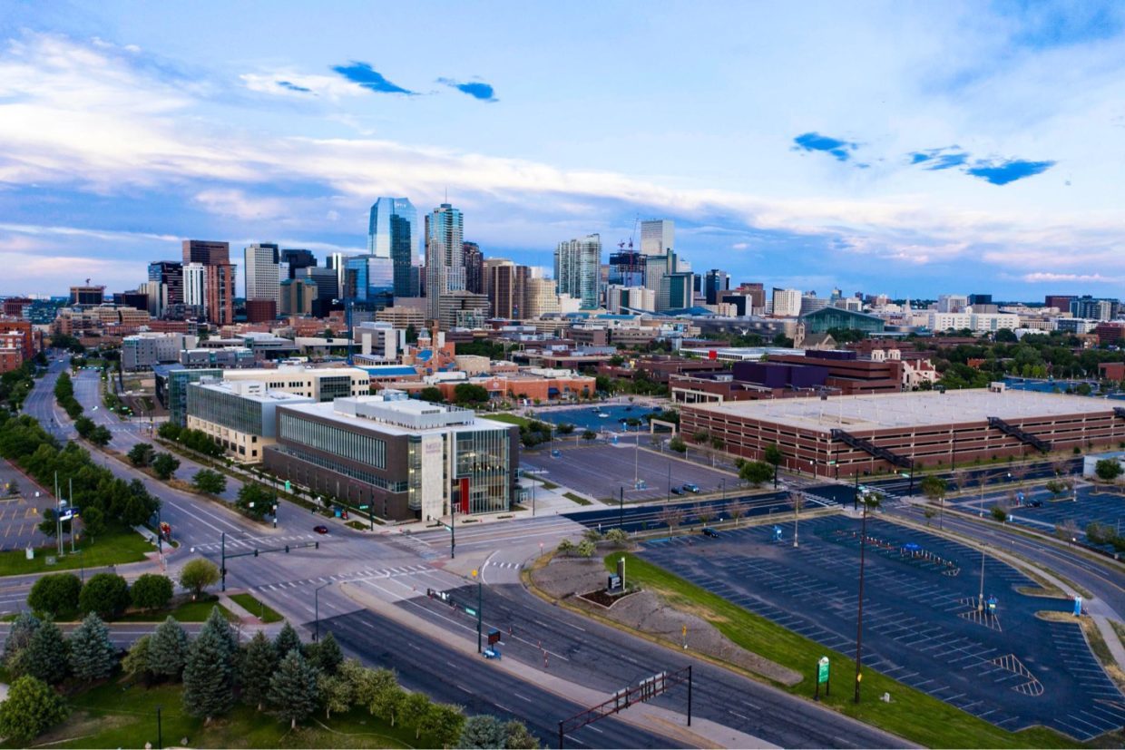 Drone photo of the Denver skyline and Auraria campus