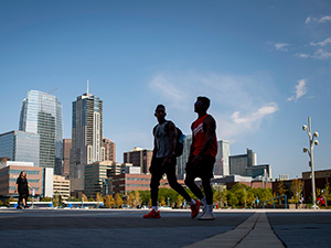 Students walking through Auraria Campus.