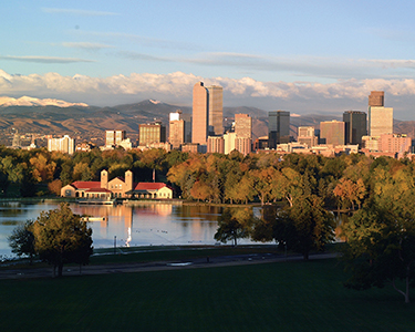 A view of Downtown Denver from City Park.