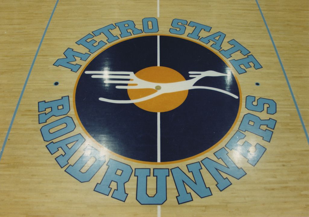 Metro State Roadrunners logo on a gym floor