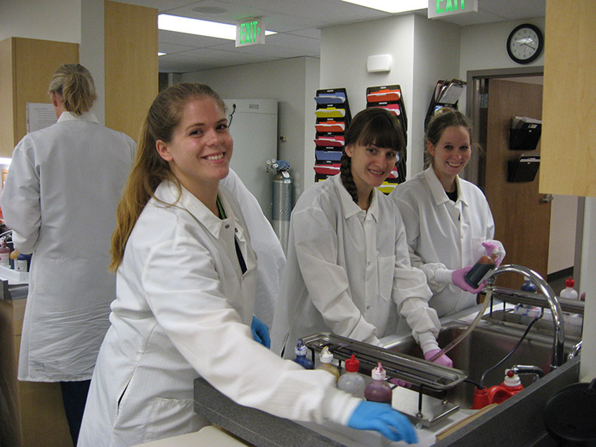 Students gram staining microbiology slides.