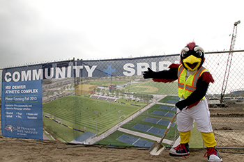 Rowdy in front of MSU Denver Athletic Complex banner