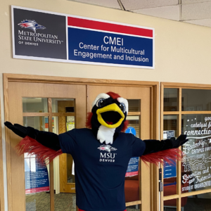 Rowdy the Roadrunner standing at the entrance of CMEI