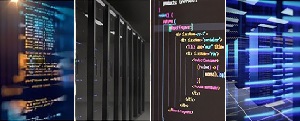 4 alternating panels of program code and servers