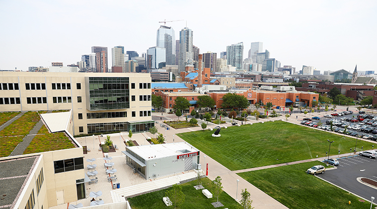 Aerial view of Auraria Campus and Downtown Denver.