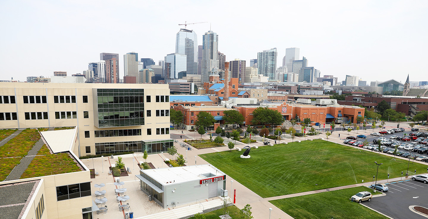 Aerial view of Auraria Campus and Downtown Denver.