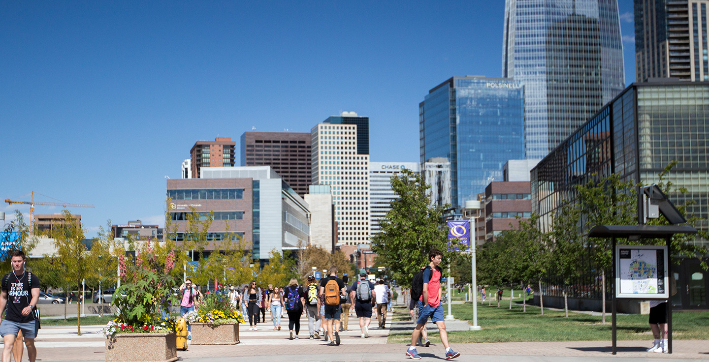 Students walking through Auraria Campus.