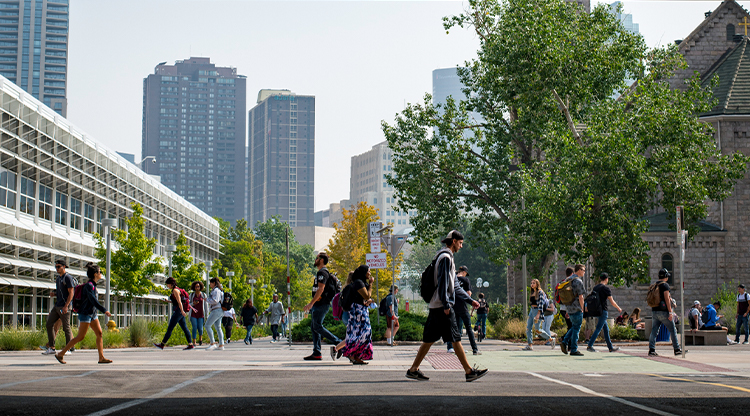 Students walking through Auraria Campus in between classes.