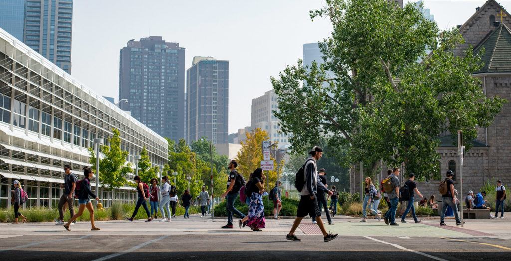 Students walking across Auraria Campus