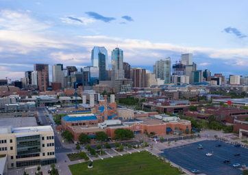 Aerial view of Auraria Campus and Downtown Denver.