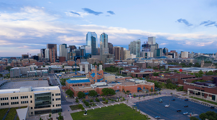 Aerial view of Auraria Campus and Downtown Denver.