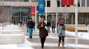 Students walking through Auraria Campus. during the winter.