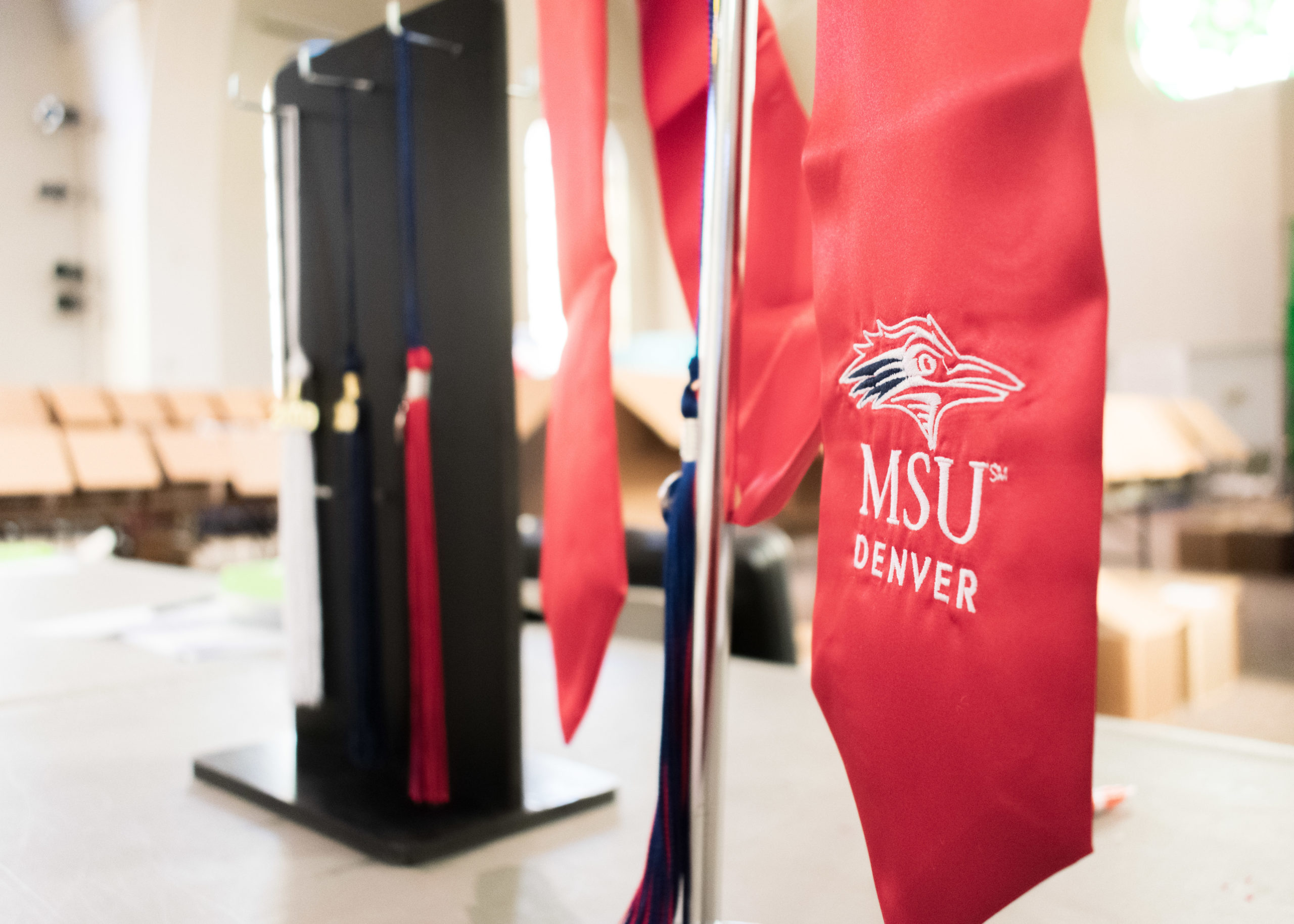 Red MSU Denver stole of gratitude.