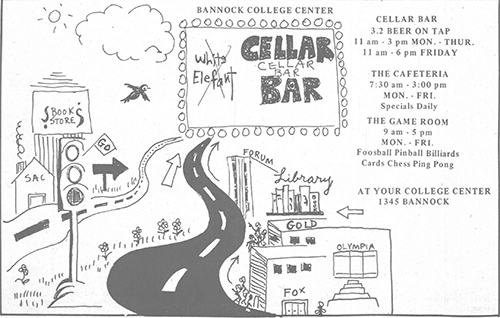 Hand-drawn poster of the Cellar Bar and Auraria Campus
