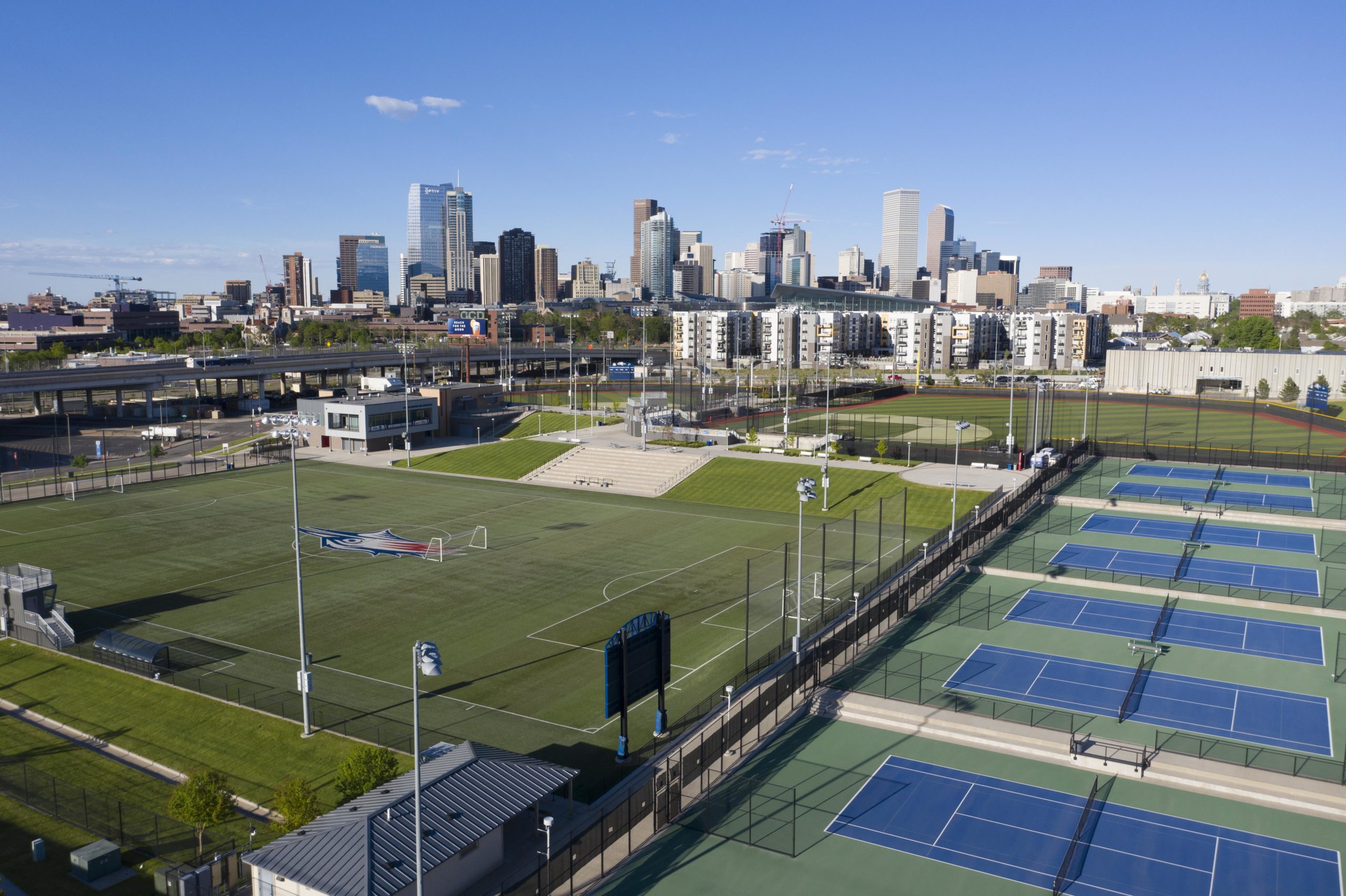 Aerial photo of Auraria campus and downtown Denver