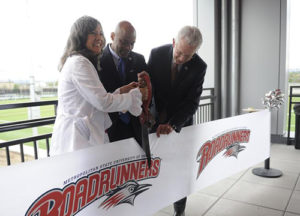 Judy Montero, Mayor Michael Hancock and President Stephen Jordan attend a ribbon cutting ceremony at Metropolitan State University May 6, 2015 to celebrate the completion of the University's $23.6 million Regency Athletic Complex at MSU Denver.