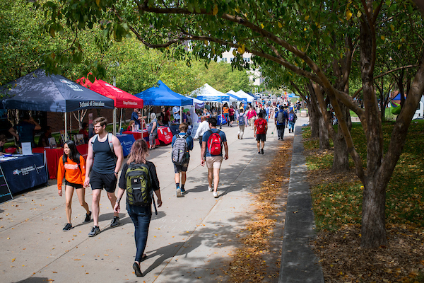 students walking across campus