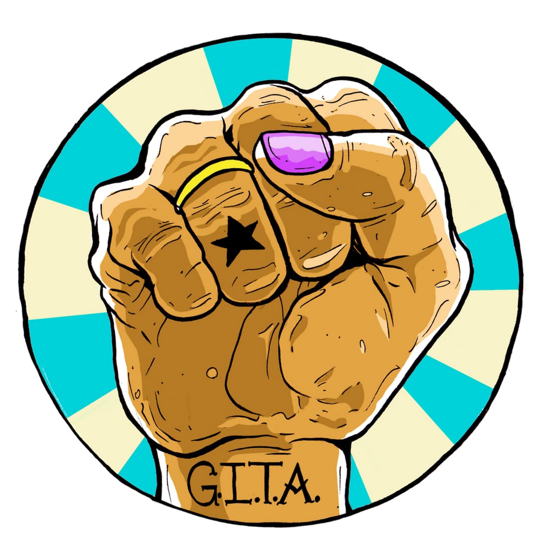 GITA circle logo with fist that has G.I.T.A. tattooed on the wrist