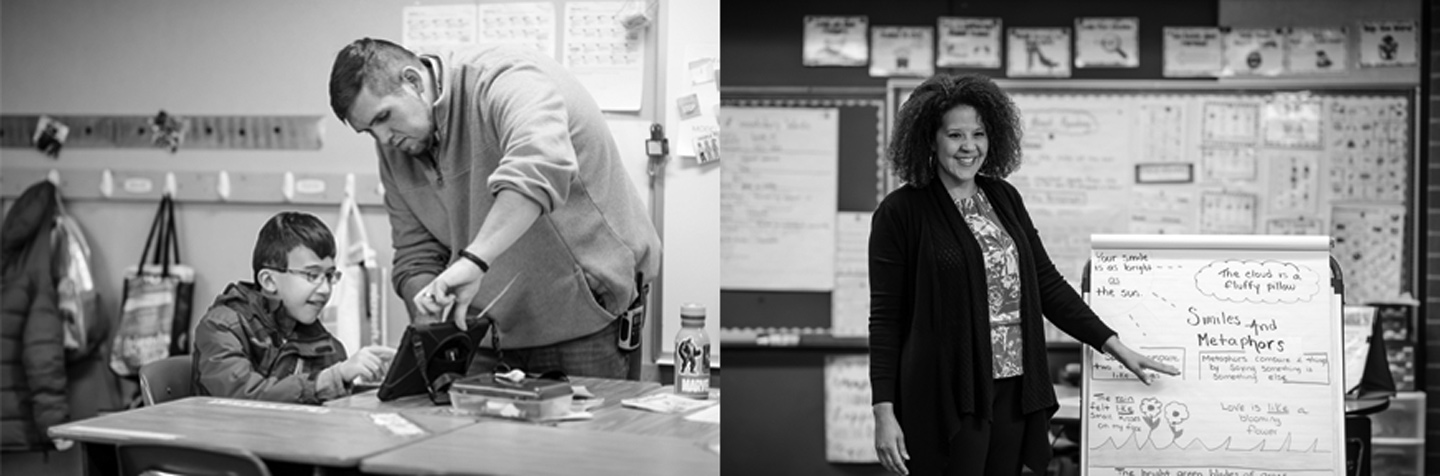 Hero image consisting of two photos of student teachers teaching in a classroom.