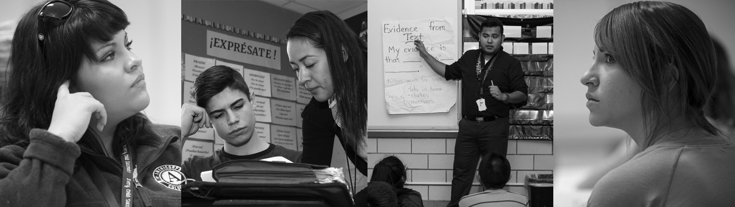 Hero image consisting of four different photos of students learning and instructos teaching.