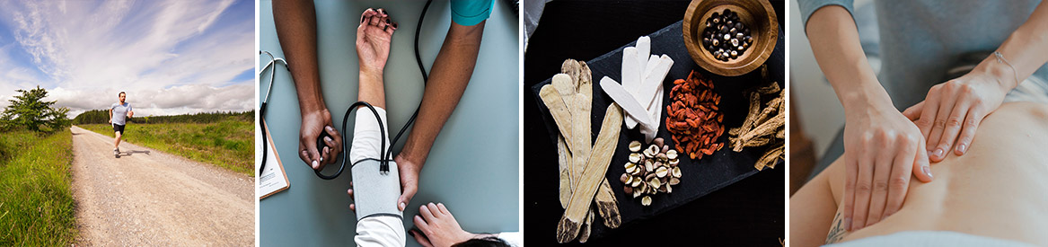 Integrative Health Care Extended Major Career Collage: Man running, nurse taking blood pressure, collection of herbs, massage