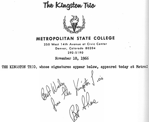 Kingston Trio performing at Metropolitan State College Event Poster