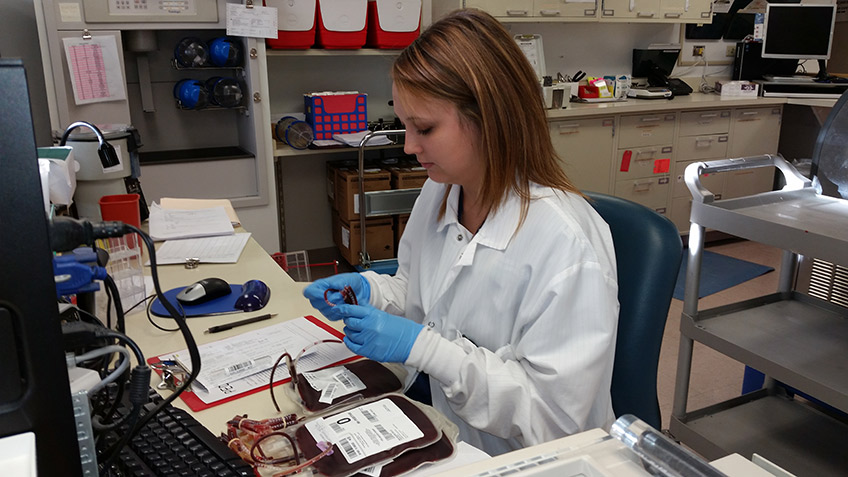 Student performing a crossmatch during her blood band clinical rotation