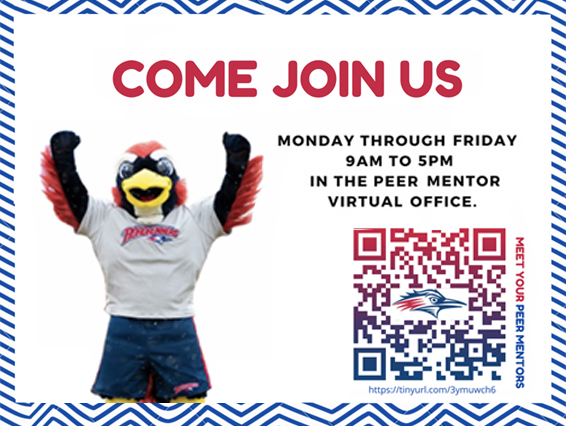 Peer Mentors flyer for virtual front desk hours