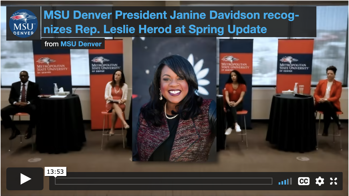 Thumbnail: MSU Denver President Janine Davidson recognizes Representative Leslie Herod at Spring Update