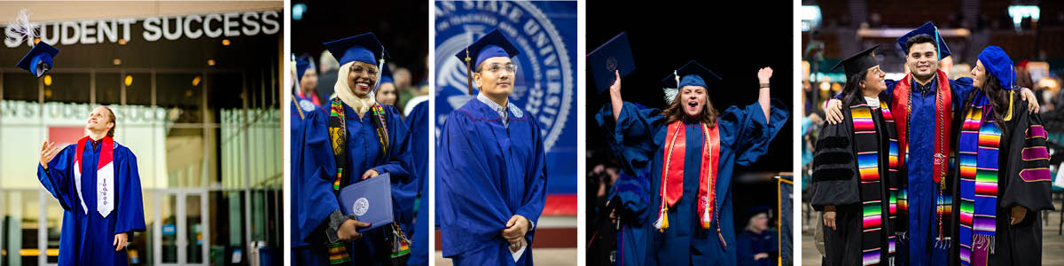 Four photos, side-by-side, of graduates celebrating their accomplishments.