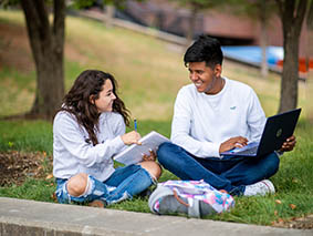 Two people sitting on the grass talking to each other