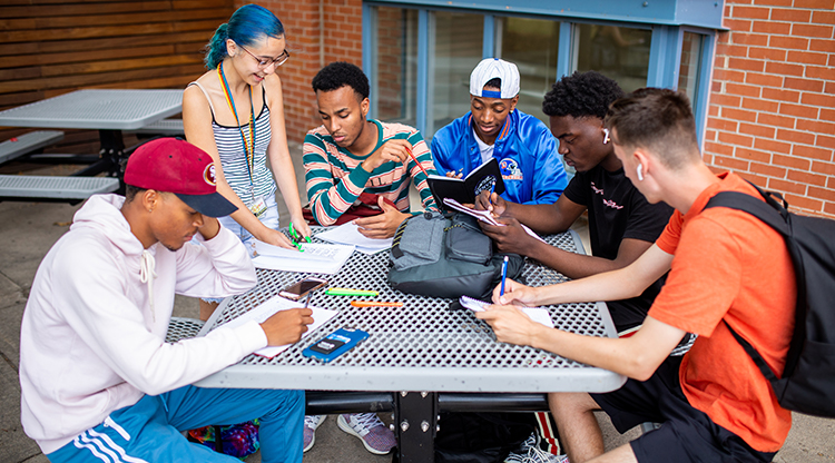 Students gather for a group study session outside the Tivoli Student Union.