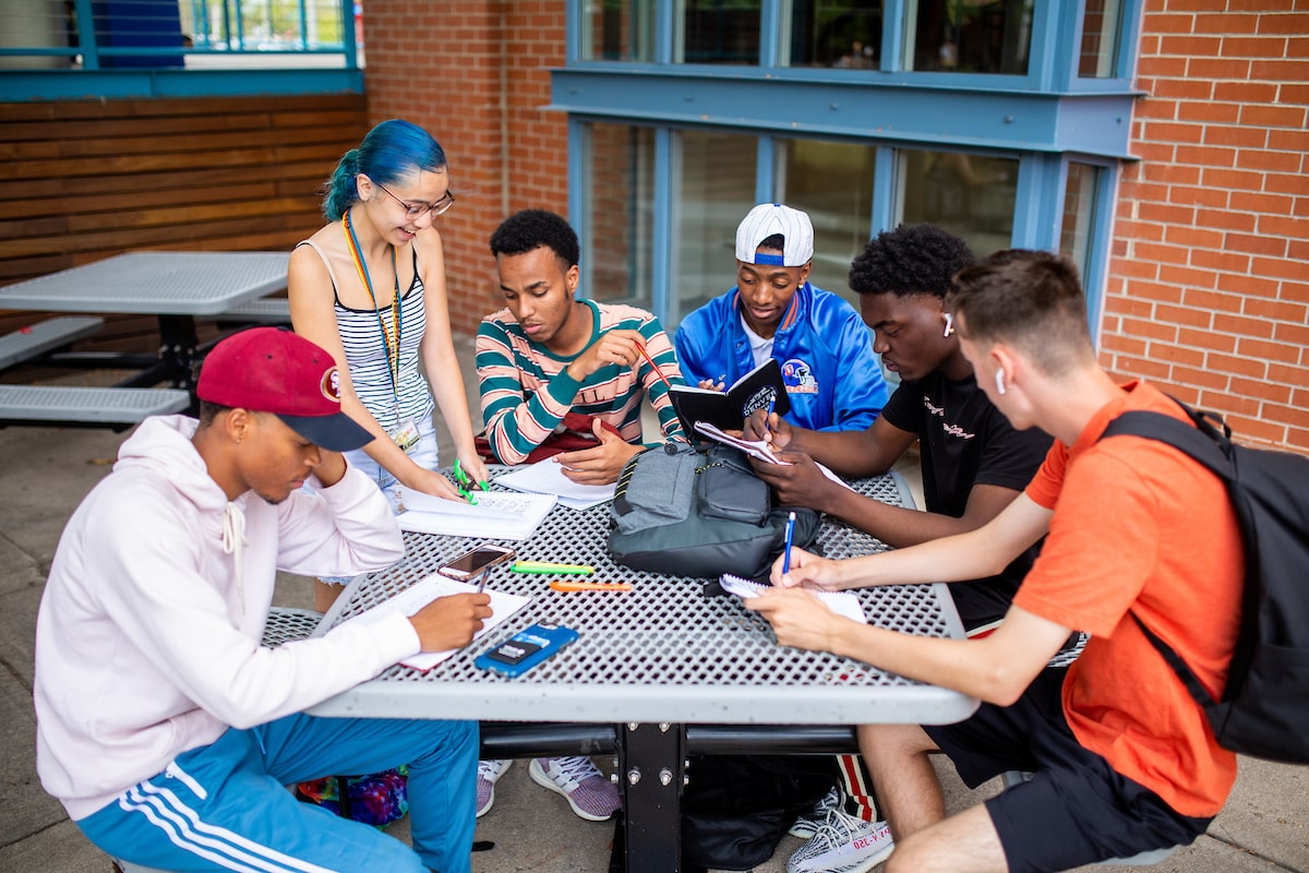 Six students sitting around a table sharing ideas