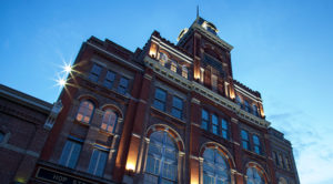 The Tivoli Student Union building at dusk.