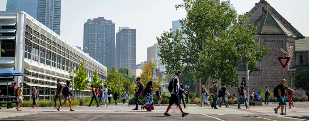 Image of students walking on Auraria Campus.