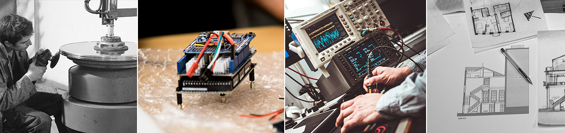 four images: student sanding down a metal disc edge, a circuit board/electronic piece, someone testing electrical frequencies, oscilloscope operated by a student, and blueprints of a building