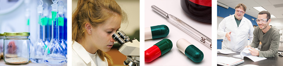 Chemical samples in jars, a student observing a sample in a microscope, medication and students in a lab.