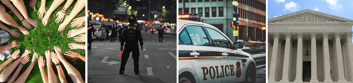 Criminal Justice Careers Collage: peace, police, police car, capital building