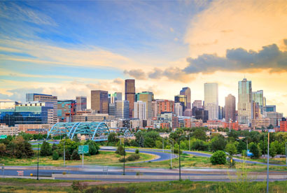 Denver skyline with road in foreground