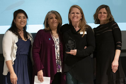 2019 BSSW Faculty of the Year Dr. Ann Obermann with student nominators and Department Chair Dr. Jess Retrum