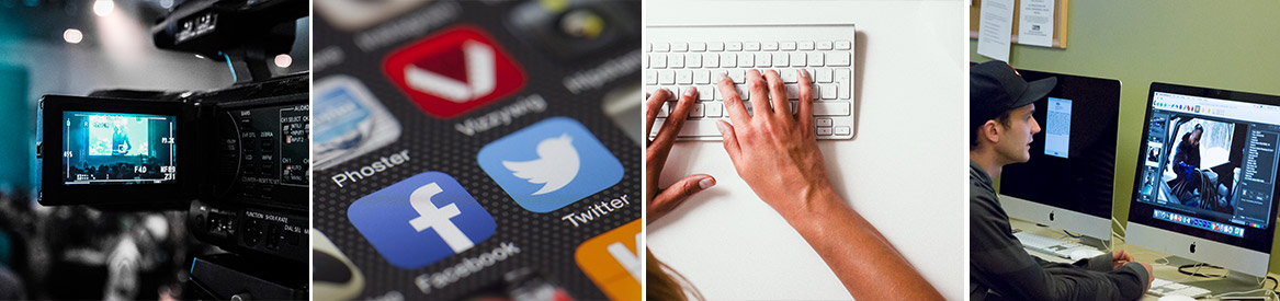 Four images: a videocamera LCD, mobile app icons, typing on a keyboard and a student editing images.