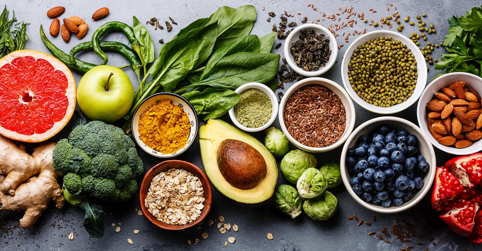 A photo of healthy foods laid out on a table