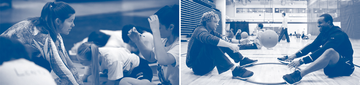 Blue and white image with two photos of K-12 Physical Education teachers working with students.