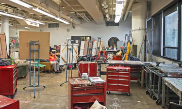 The Painting Studio with splatters of paint and easels, it's a bright cheerful space.