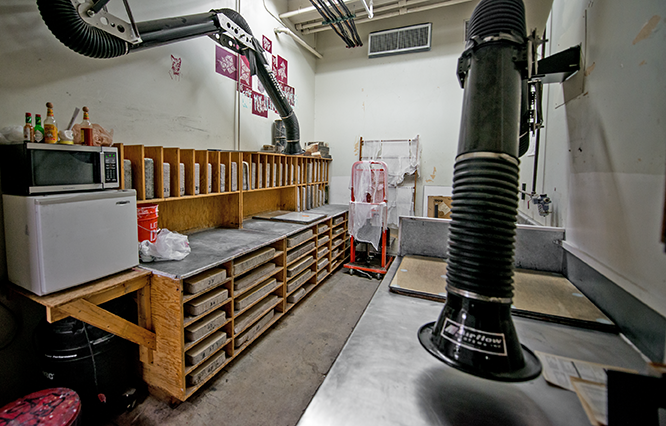 Printmaking lab gear and workspace.