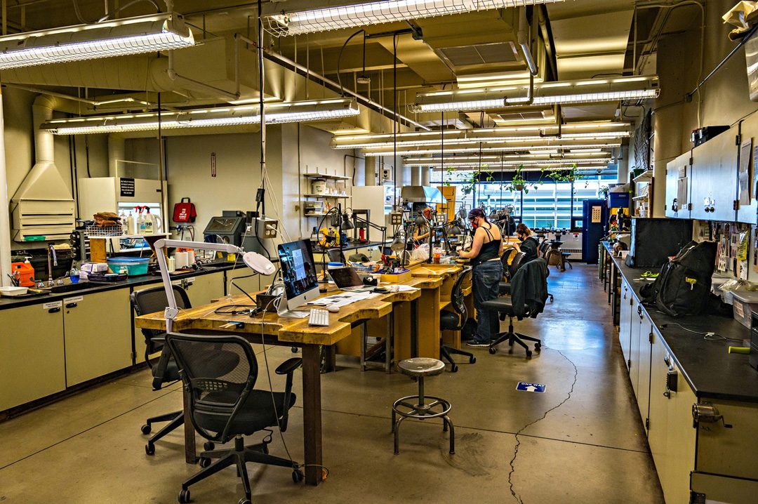 Wide shot of students working in the Jewelry Studio.