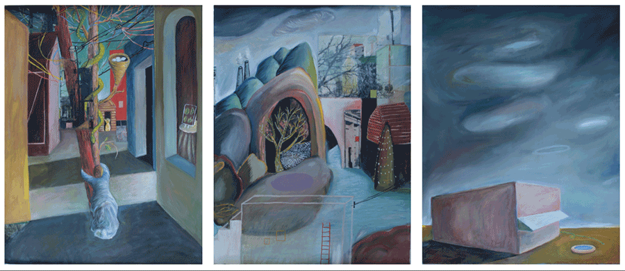 Thulson: One Hundred Famous Views. Painted artwork of surreal landscapes in 3 different alleyways.