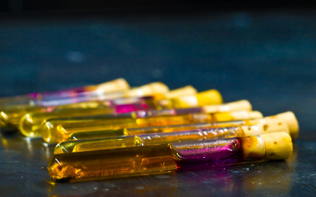 Corked test tubes full of fluid