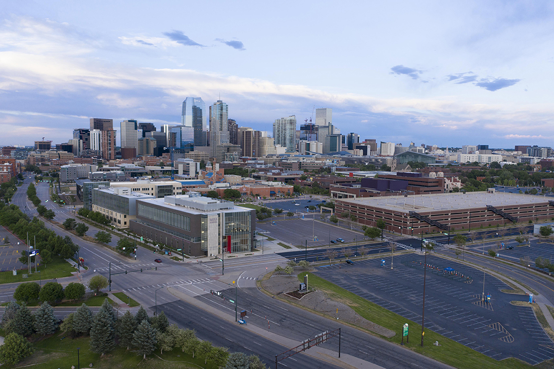 Aerial view of the Auraria Campus and the city of Denver in the background