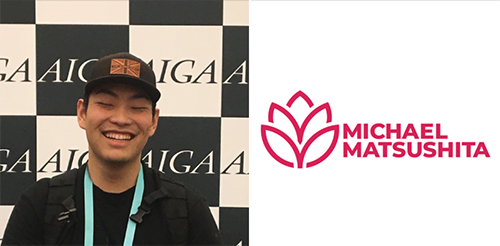 Photo of Michael Matsushita next to his award winning logo, which includes his name and a flower symbol.